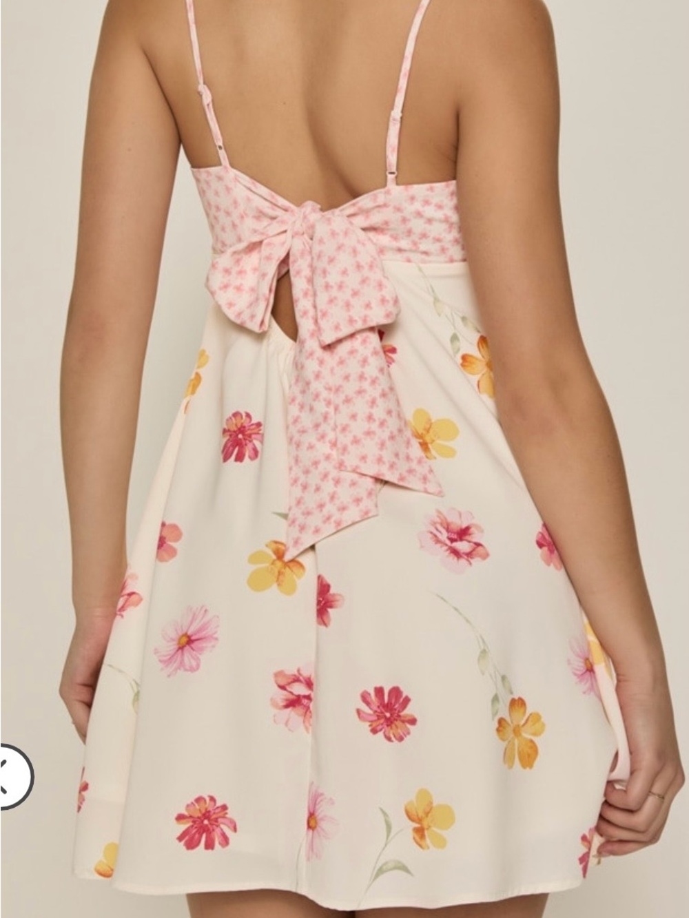 Audrey bow back dress from Francesca’s Sundress with Pink Floral Print